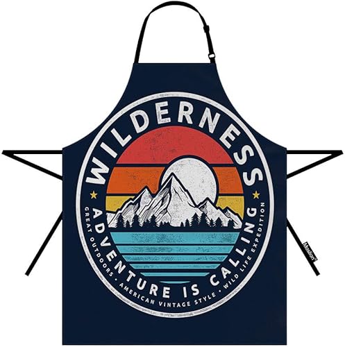 Moslion Delantal de montaña de 31 x 27 pulgadas, estilo vintage, desierto, aventura, campamento, montañas, árbol, sol, lago, cocina, chef, camarera,