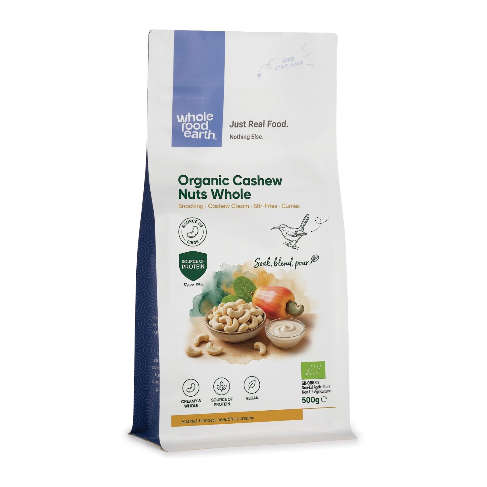 Wholefood Earth Organic Cashew Nuts Whole – 500g | Raw | GMO Free | Vegan | High Fibre | Source of Protein | Certified Organic