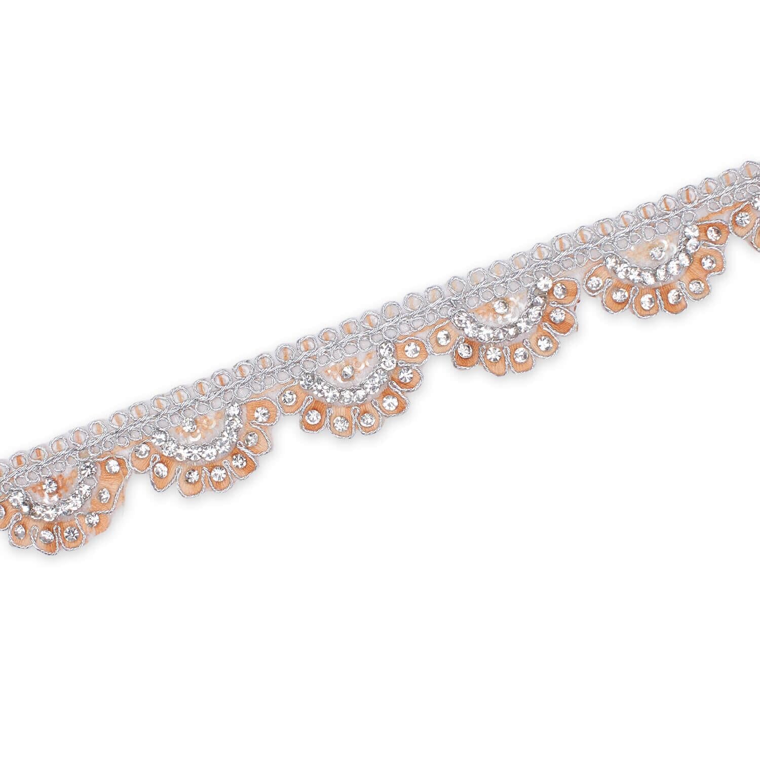 1 Inch Rhinestone Metallic Cording On Scalloped Embroidered Trim for Sewing, Costumes, Crafts, and Décor – Sold by The Yard (Peach, 1 Yard)