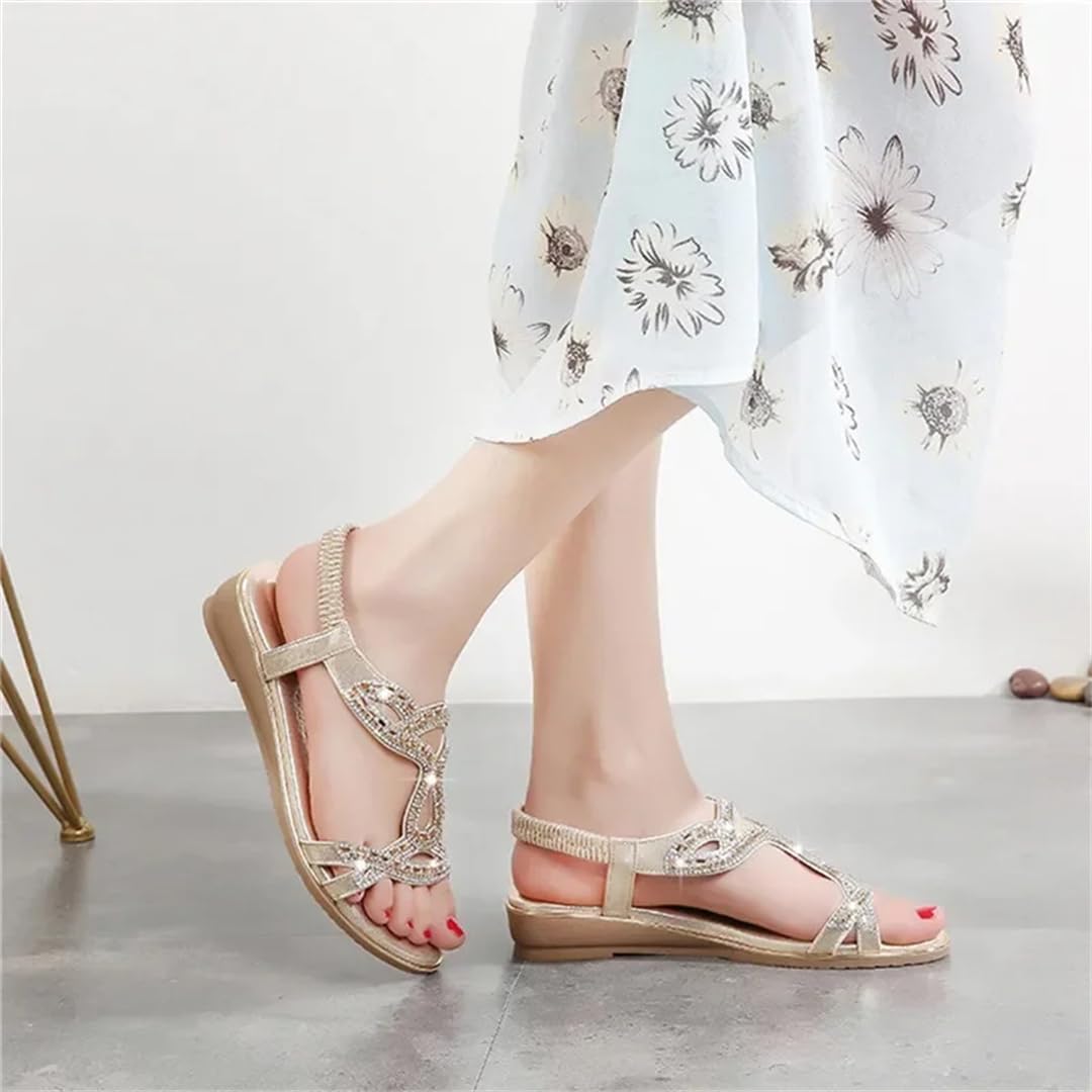 Sandalias básicas de poliuretano con diamantes de imitación para mujer, con banda elástica frontal y correa trasera, tacón de cuña, parte superior de poliuretano, sandalias de verano bohemias