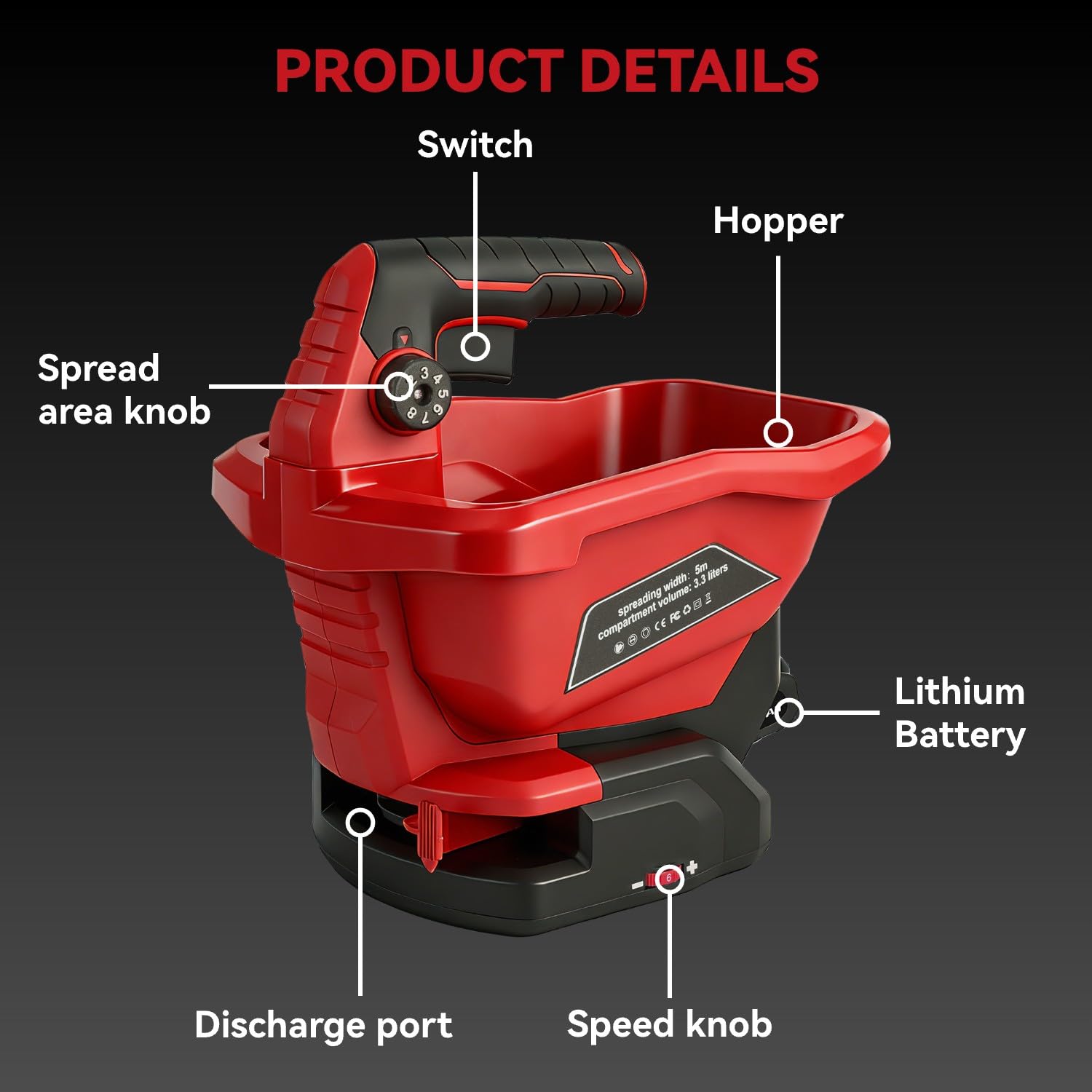 ONEVAN Épandeur sans Fil, Épandeur d'Engrais Électrique 3.3L et Épandeur de Sel de Déneigement avec 6 Niveaux de Réglage, Surface 800 m², 2×1.5Ah Batteries, Épandeur Manuel pour Engrais, Semences