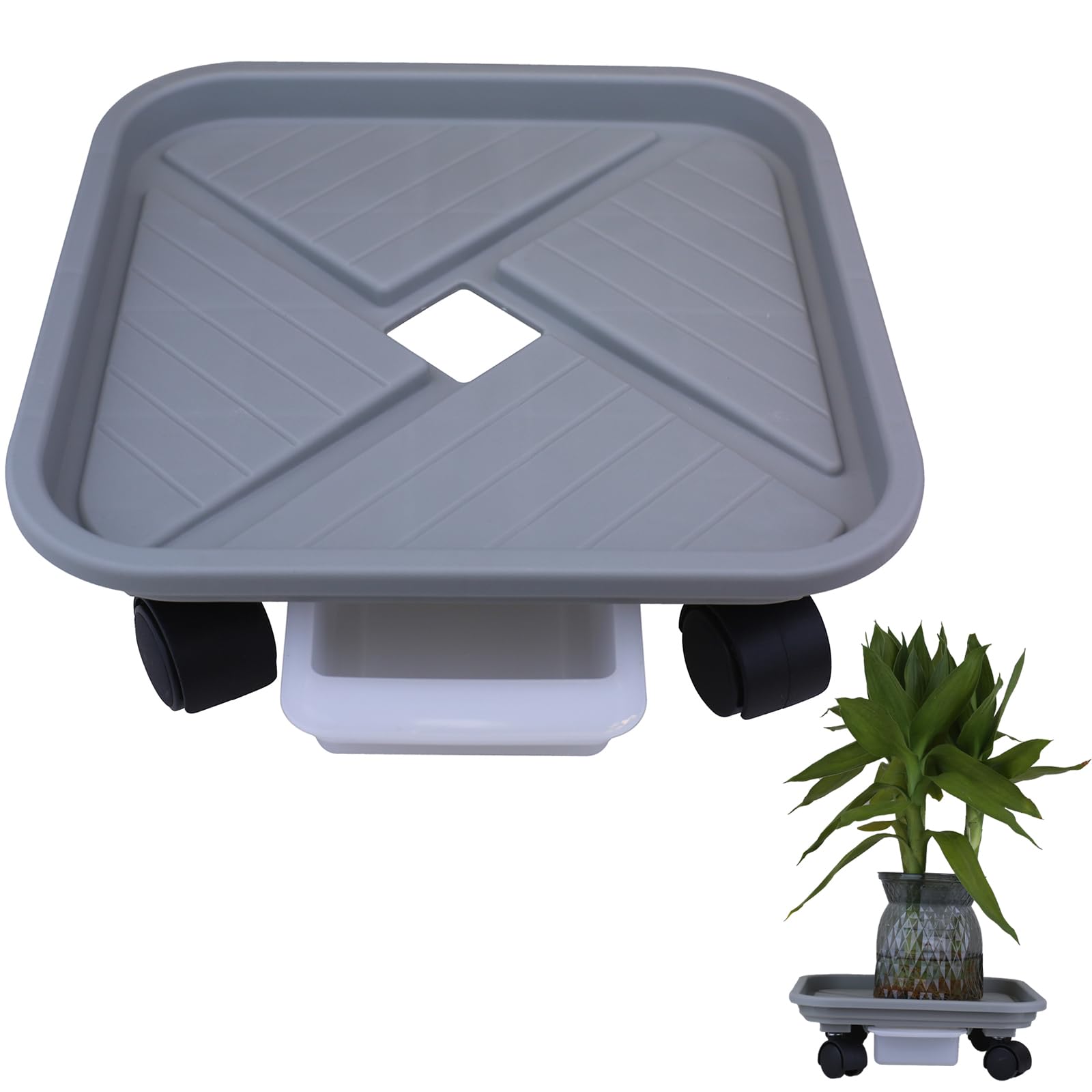 DLBTWDOYLS Removable planter with swivelling wheels, Plant tray with water storage drawer, Heavy-duty plant trolley with 360° roll, Square planter stand for indoor or outdoor decoration (Small 22.8)