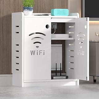 WiFi Router Storage Cabinet Hidden Box, Home Media Cabinet, Floor Freestanding Cabinets Organizer, Double-Deck Shelf for and Office