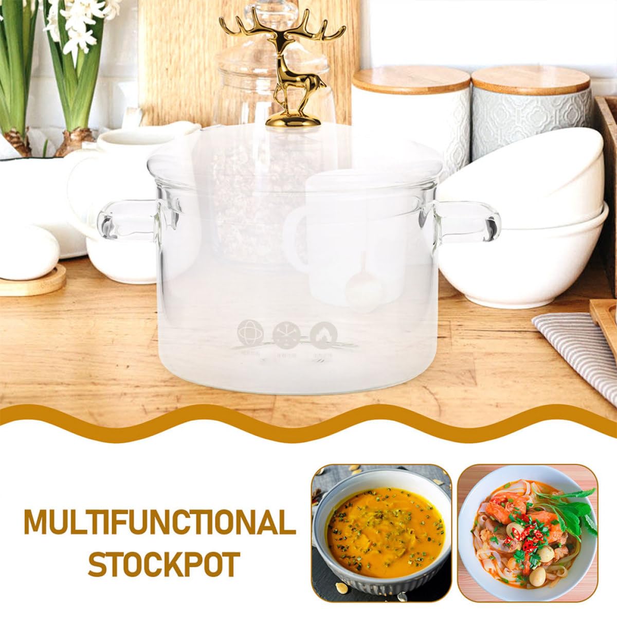 SEWACC Suppentopf aus Hitzebeständigem Glas mit 1900ml Fassungsvermögen Doppelohrgriff für Einfaches Handling Elk Style Deckel zum Kochen von Suppen im Haushalt