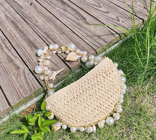 Pearl Hand Bag For Women, Woven Shoulder Bag Handmade Beach Female Messenger Bag, Conch Straw Evening Bag for Summer Holiday3