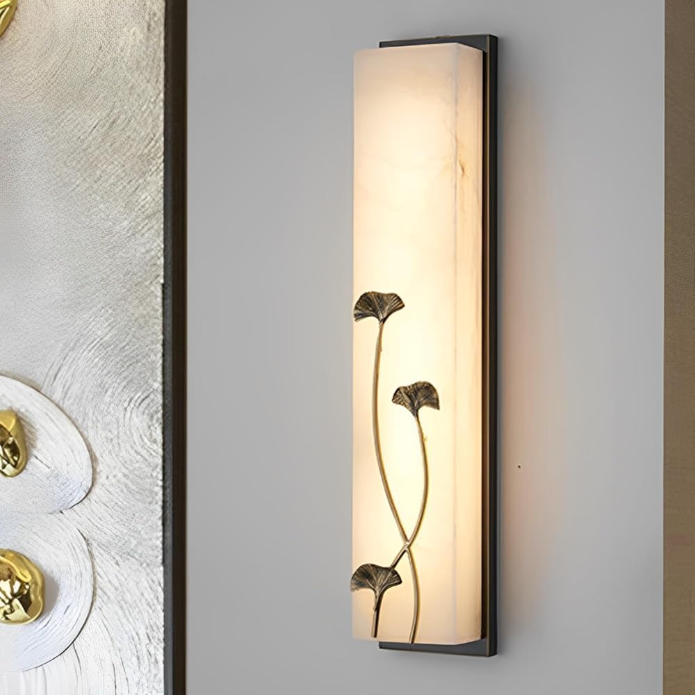 HPTHLY Long Linear Alabaster Wall Sconces Natural Marble Wall Lamp With Brass Decor Chinese Style White Stone Wall Light Bedside Dimming Wall Mount Lamp For Living Roo(Black-47Cm)