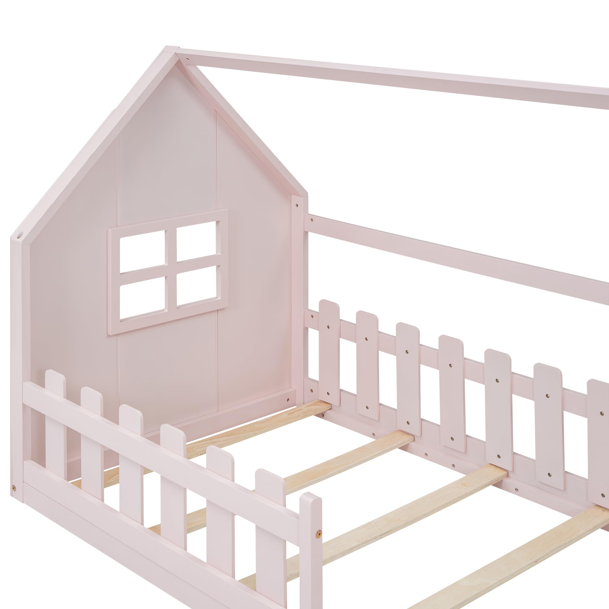 Kinderbett Hausbett 90x200cm, Montessori Bodenbett mit Rausfallschutz und Lattenrost, Holzbett für Jungen und Mädchen, ohne Matratze (Rosa -90×200cm)
