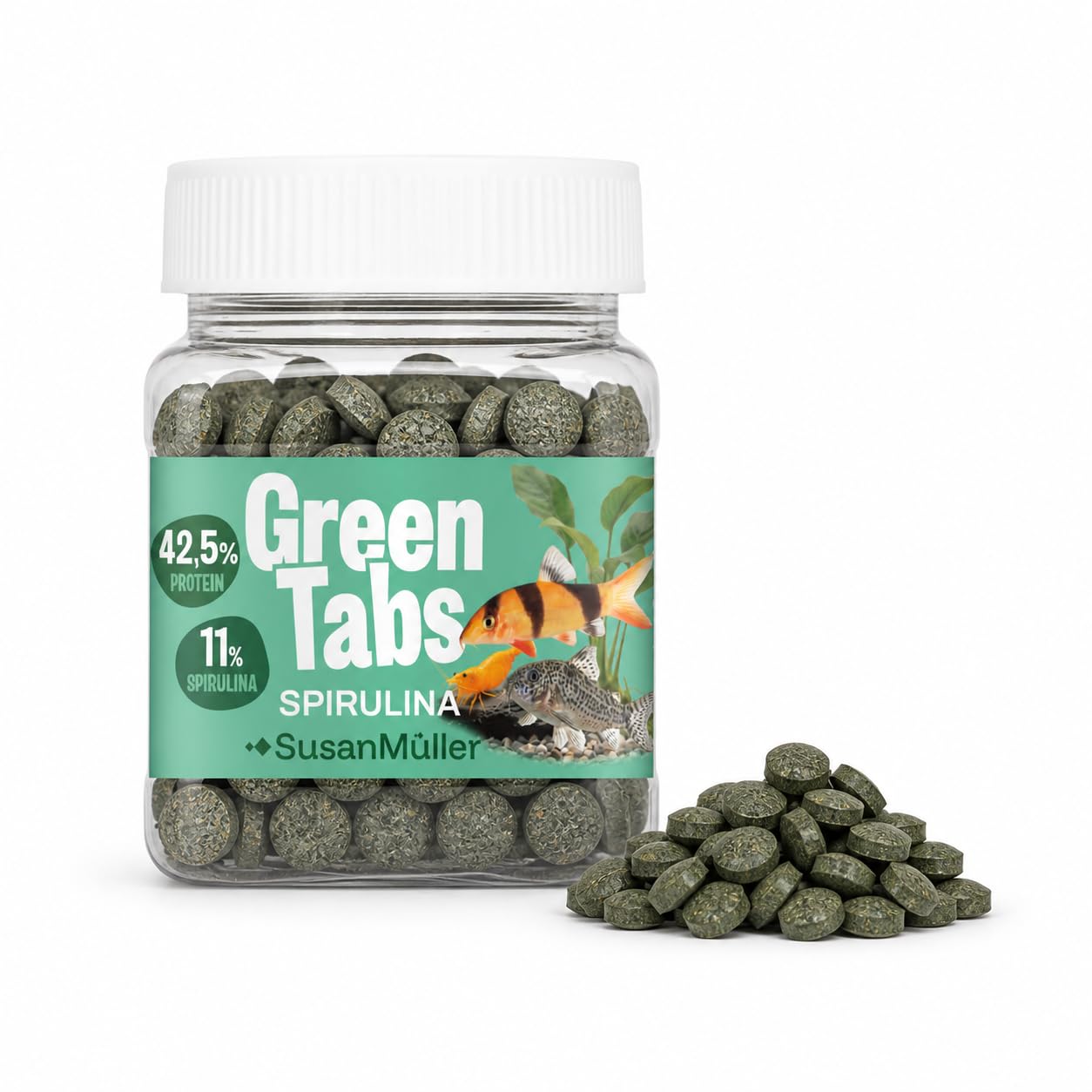 Green Tabs Spirulina 120 g – Alimento en Pastillas de Fondo para Peces de Acuario y Peces Limpiafondos – para Plecos, Ancistrus, Gambas y Caracoles – 11% Espirulina, 42,5% Proteína