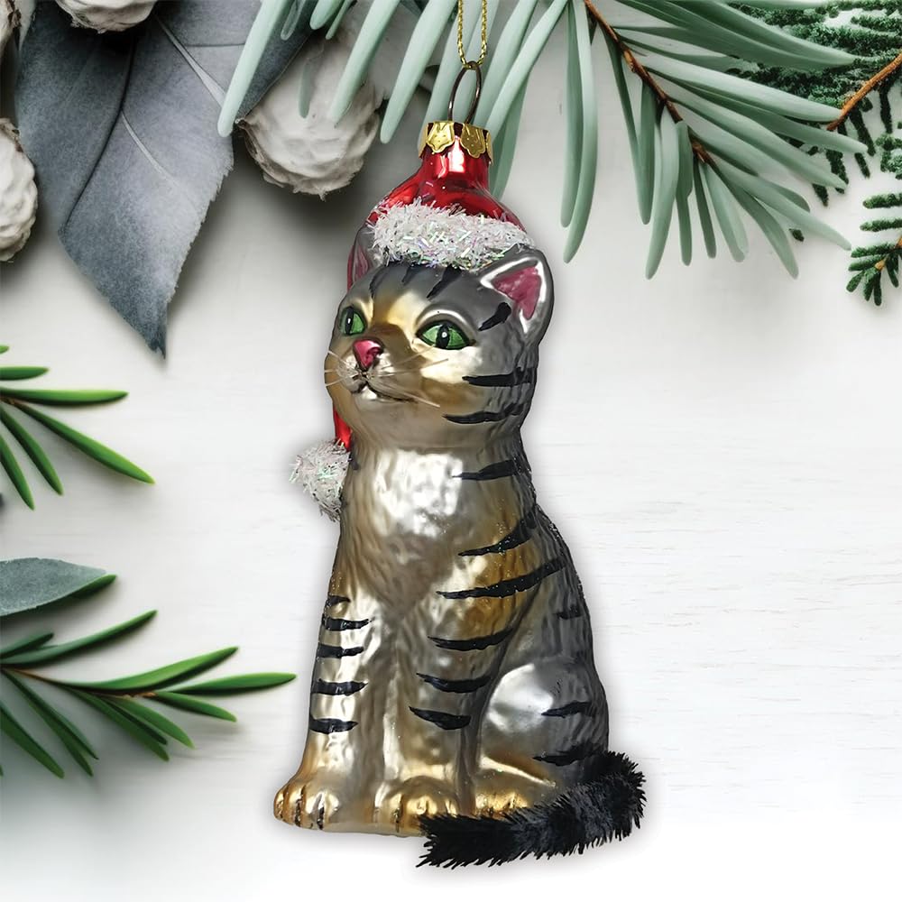 Amazon.com: Tabby Cat with Santa Hat Glass Christmas Ornament