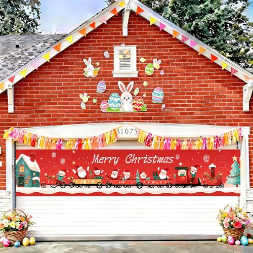 Image of Christmas Train Banner 78.7 x 17.7 Inch Santa with Gift Carriage Red Background Holiday Decoration for Yard Garden Fence Porch Patio or Outdoor Display Great for Christmas Party Scene and Winter Celebration