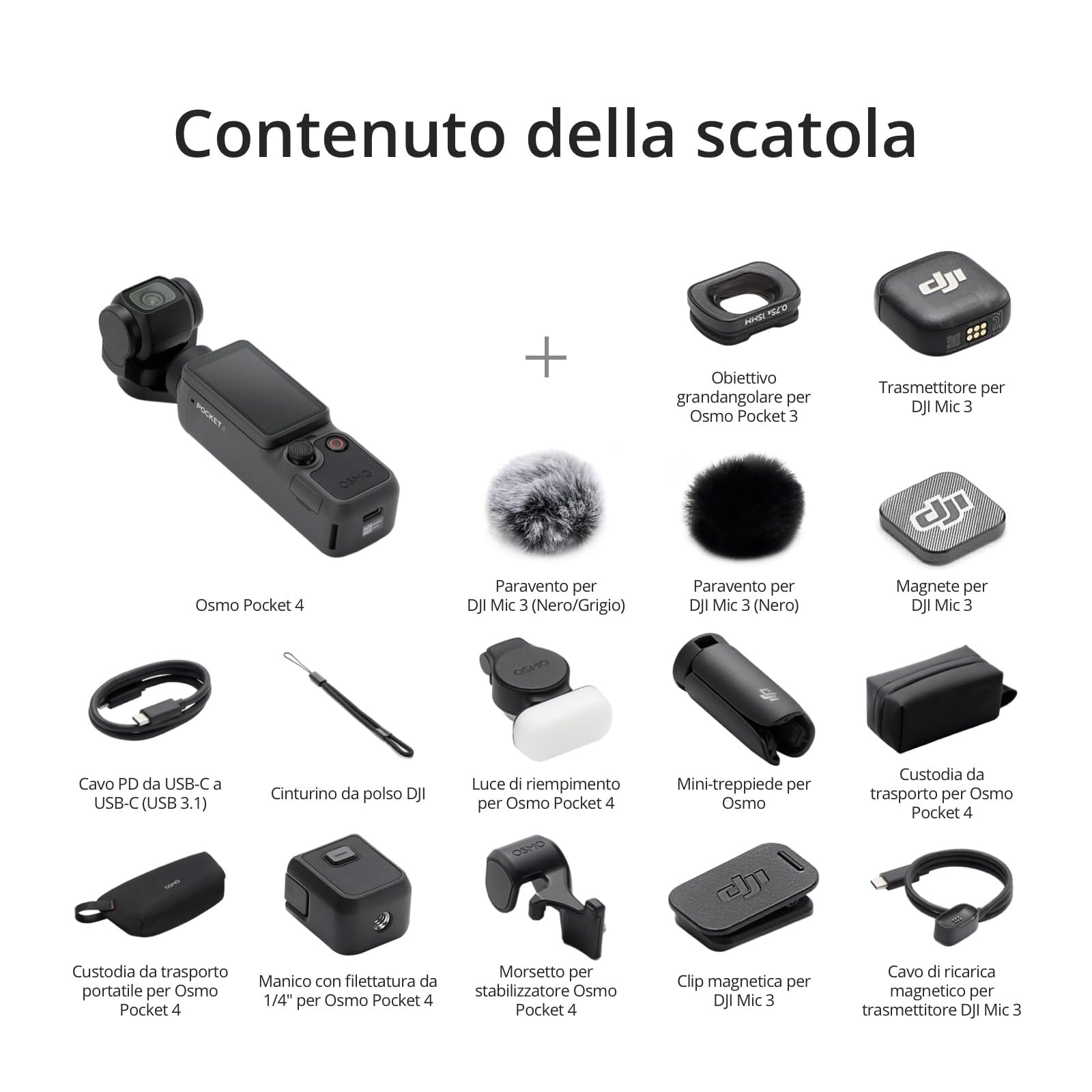 DJI Osmo Pocket 4 Combo Creator, fotocamera stabilizzata tascabile per vlog, CMOS da 1″ e 4K/240fps, 107 GB di memoria integrata, Trasmettitore Mic 3 (Creator Combo)