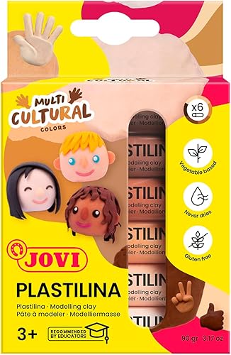 Jovi Plastilina - Arcilla de modelado reutilizable y no secada; colores multiculturales, barras de 0.5 onzas, juego de 6, perfectas para proyectos
