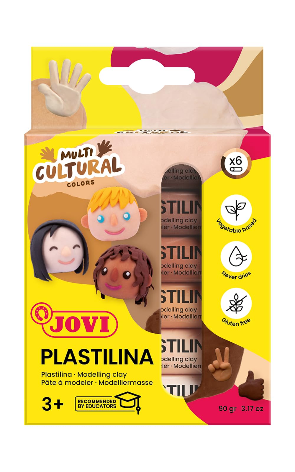 Jovi - Plastilina Clay, 6 Sticks of 15 Grams Each, Multicultural Colors, Gluten-Free (90/6M)