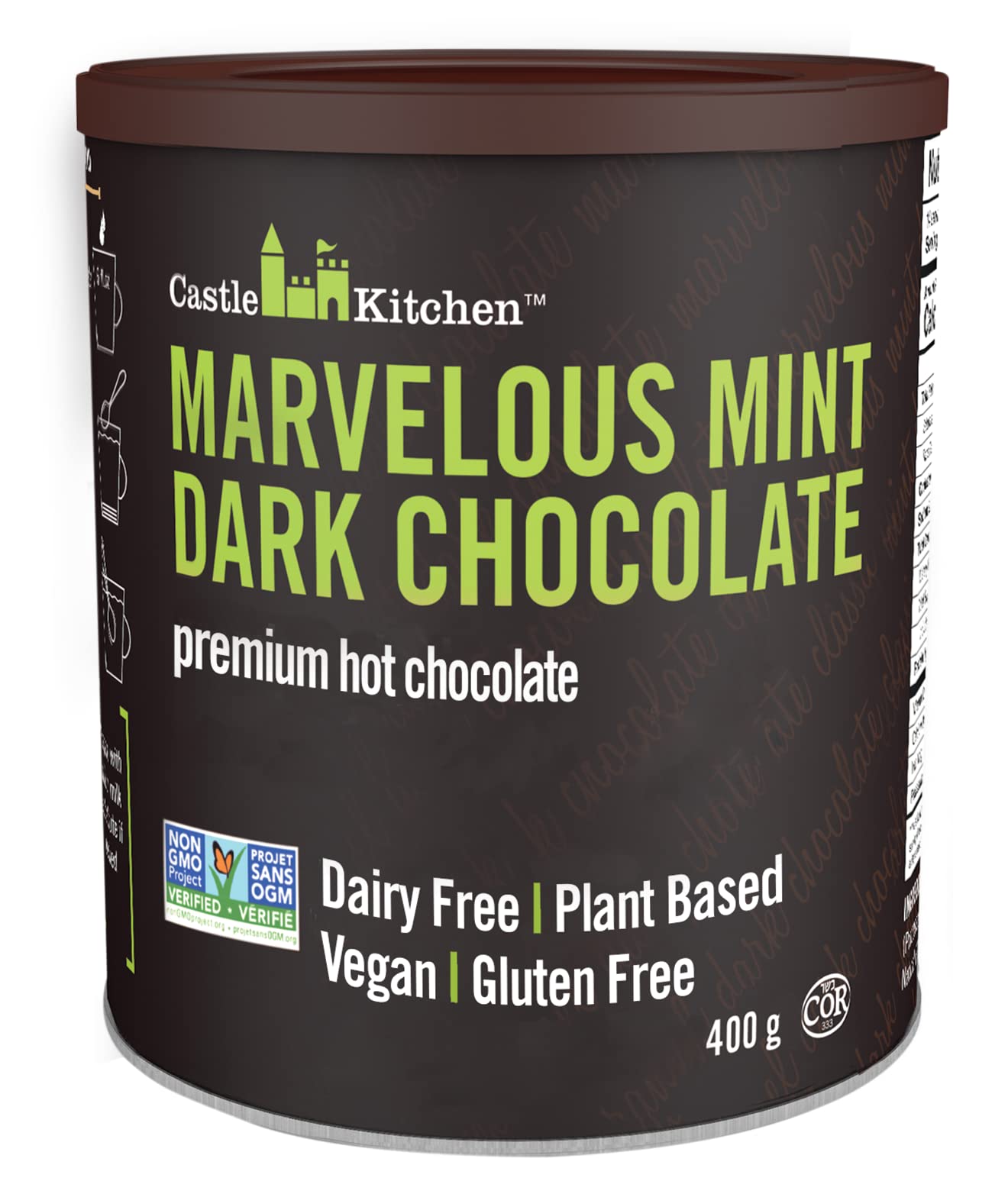 Castle Kitchen Marvelous Mint Dark Chocolate Premium Hot Cocoa Mix - Dairy-Free, Vegan, Plant Based, Gluten-Free, Non-GMO Project Verified, Kosher - Just Add Water - 14 oz (Pack of 6)
