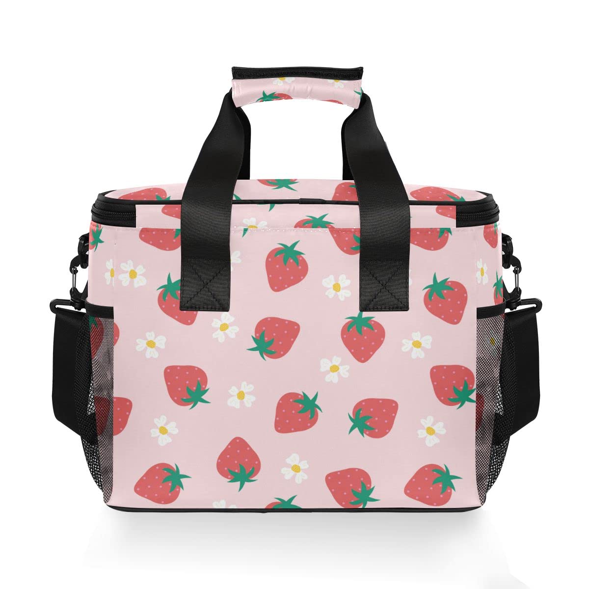 Bolsa de picnic de 15 litros, 24 latas, con aislamiento de fresas brillantes, para viajes, camping, barbacoa, actividades al aire libre, asas, correa para el hombro