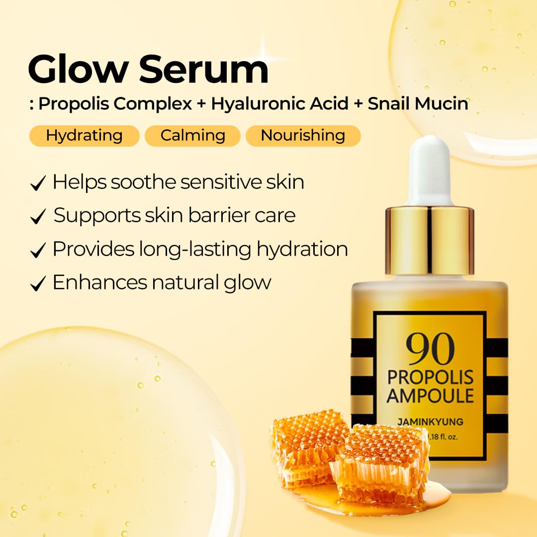 Propolis Ampoule, Glow Boosting Serum for Face with 90% Propolis Extract & Snail Mucin, 8-Layer Hyaluronic Acid, Niacinamide for Sensitive Skin, Dry, Dull Skin, Korean Skincare 1.18 fl oz - Image 2