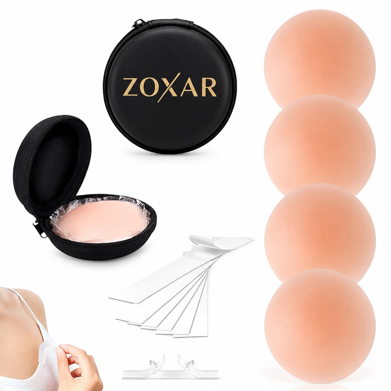ZOXXAR Reusable Silicone Nipple Covers for Women with Double Sided Tape (36 Strips) | Invisible Breast Covers | Sweatproof, Skin Friendly | Fashion Clothing Accessory | Nude | 2 Pair Combo (4 Pcs)