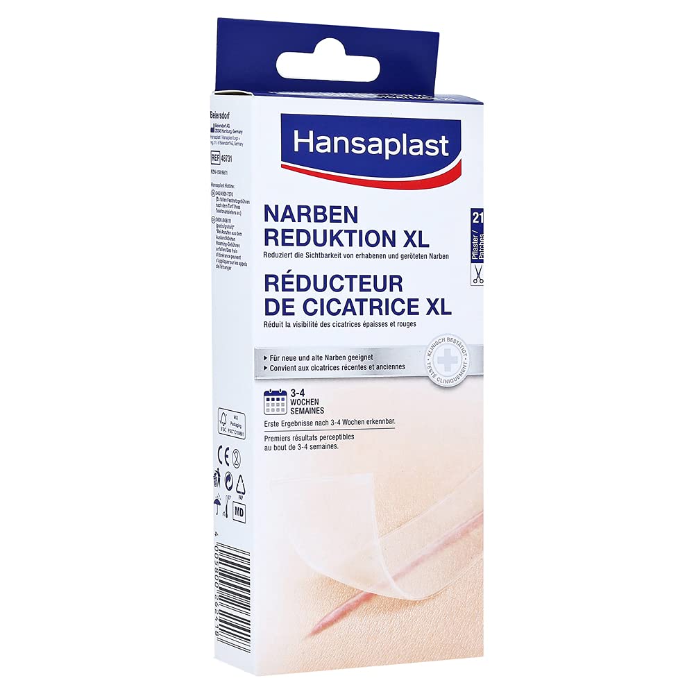 Hansaplast Narben Reduktion (21 Stück je 3 cm x 14,6 cm), Narbenpflaster zur Reduktion der Sichtbarkeit von Narben, macht Narben dauerhaft flacher, heller und weicher