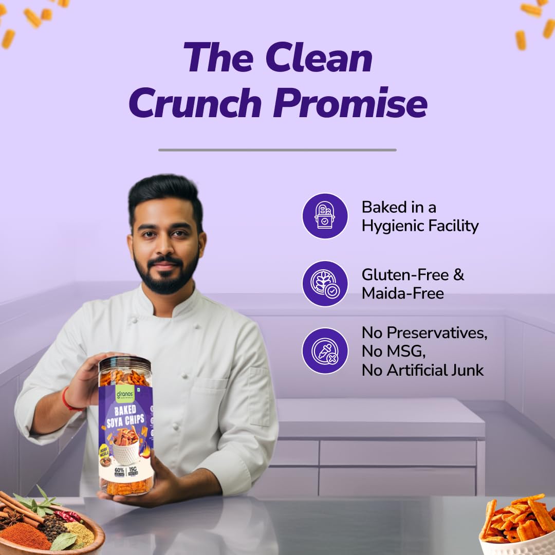 Granos Baked Indian Masala Soya Chips 200gm, Healthy & Crunchy Snack, Indian Masala Flavour, High Protein, Gluten Free Chips, 100% Vegan, No Preservatives, High Dietary Fiber & Nutrient, Pack of 2 - Image 9 thumbnail