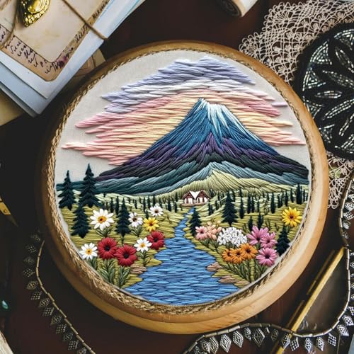 Image of FONNUY Embroidery Kit for Beginners, Flower Hill Nature Landscape Pre-Stamped Pattern Kits for Adults with Hoop, Easy to Follow Color Thread Needlework, 8'' Hoop (Purple Blue)