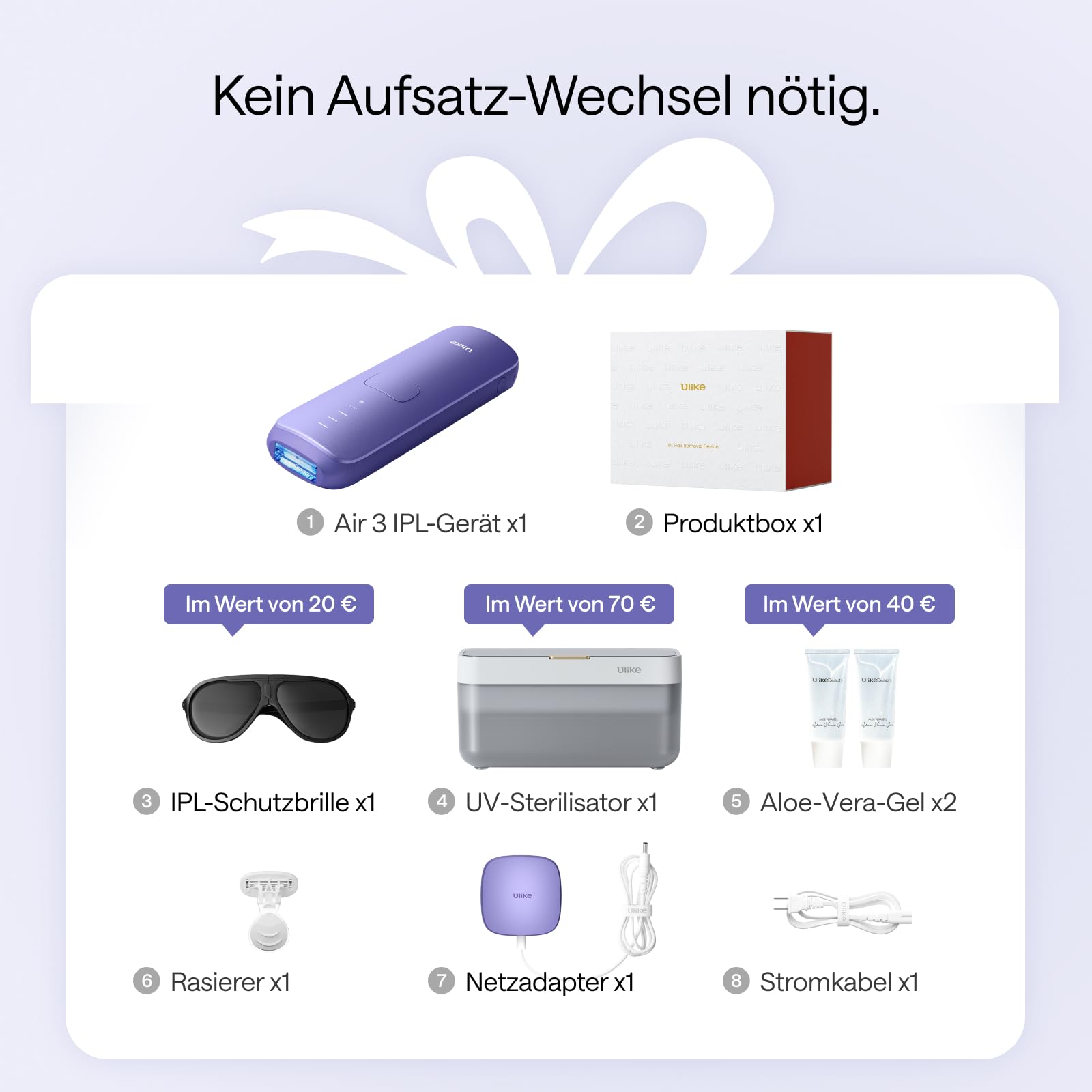 Ulike Air 3 Deluxe IPL Gerät Haarentfernung für Gesicht und Körper, Saphir-Eiskühl, UV-Sterilisator, Aloe Gel, Lila