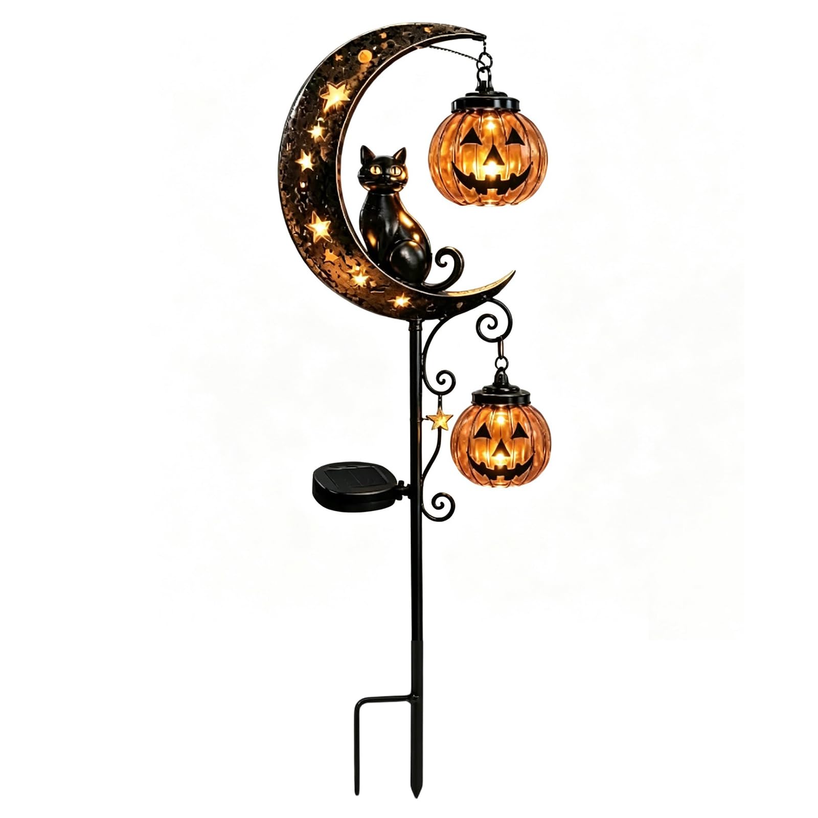 Solar Powered Black Cat & Pumpkin Moon Stake Light (C)