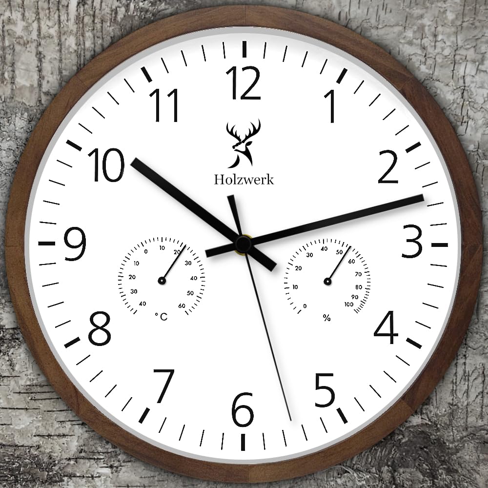 Holzwerk WEGBERG Wanduhr mit Temperaturanzeige und Hygrometer Feuchtigkeitsmesser Holz-Uhr lautloses Uhrwerk ohne Tickgeräusche Braun Buche Weiß lautlos Massivholz Natur Holz 30 cm (.HW.Braun.)