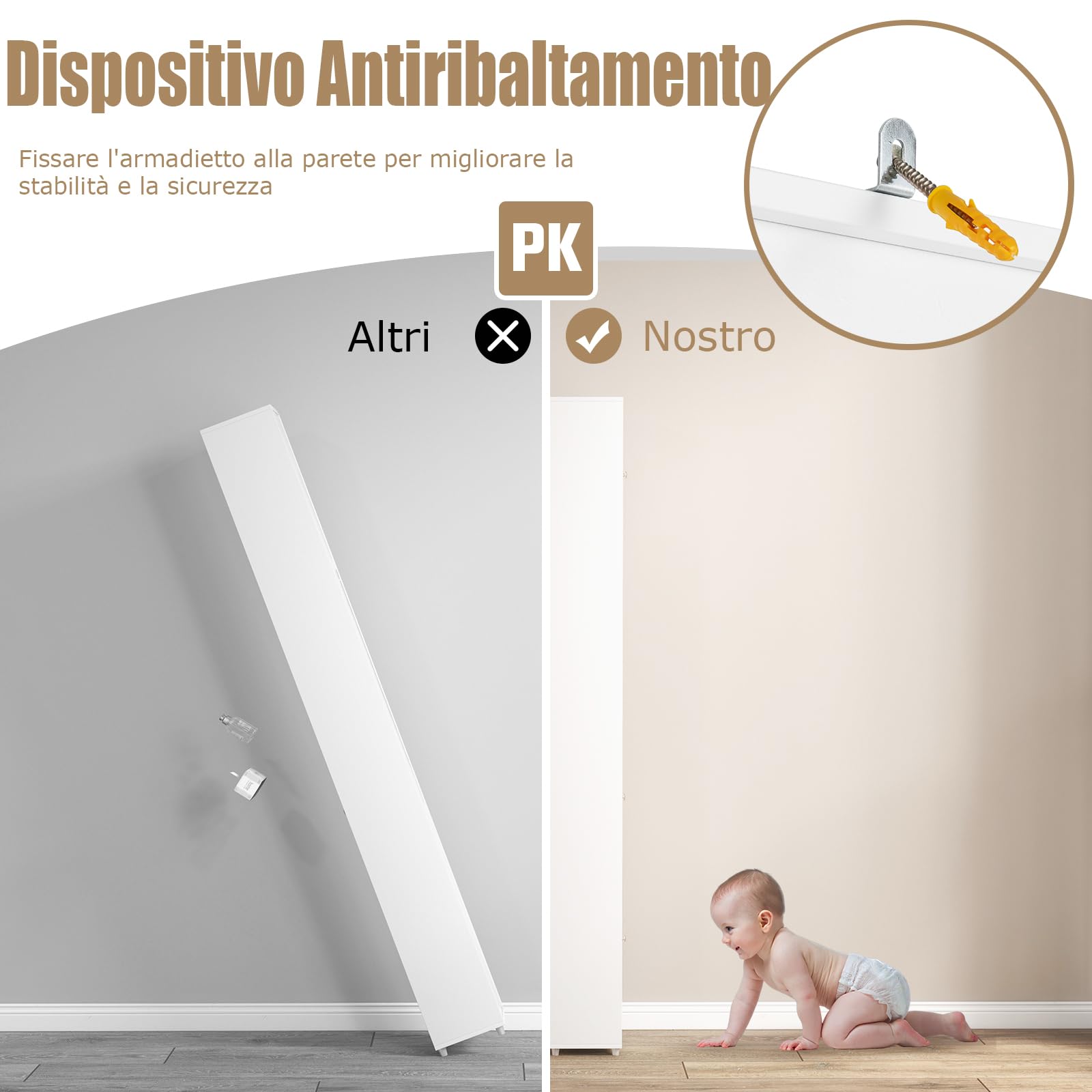 GYMAX Mobile da Bagno Stretto, Armadio Alto Portaoggetti, con 2 Ante, 1 Cassetto, 5 Ripiani Regolabili, Dispositivo Antiribaltamento, Colonna WC per Piccoli Spazi, 20x20x180 cm (Bianco)