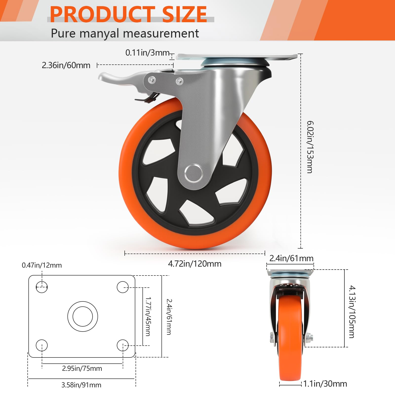 Set di 4 ruote piroettanti bloccabili in PU da 5 pollici per impieghi gravosi, ruote resistenti con piastra per carrelli multiuso, officina, garage, supporti per piante e contenitori per attrezzi, f