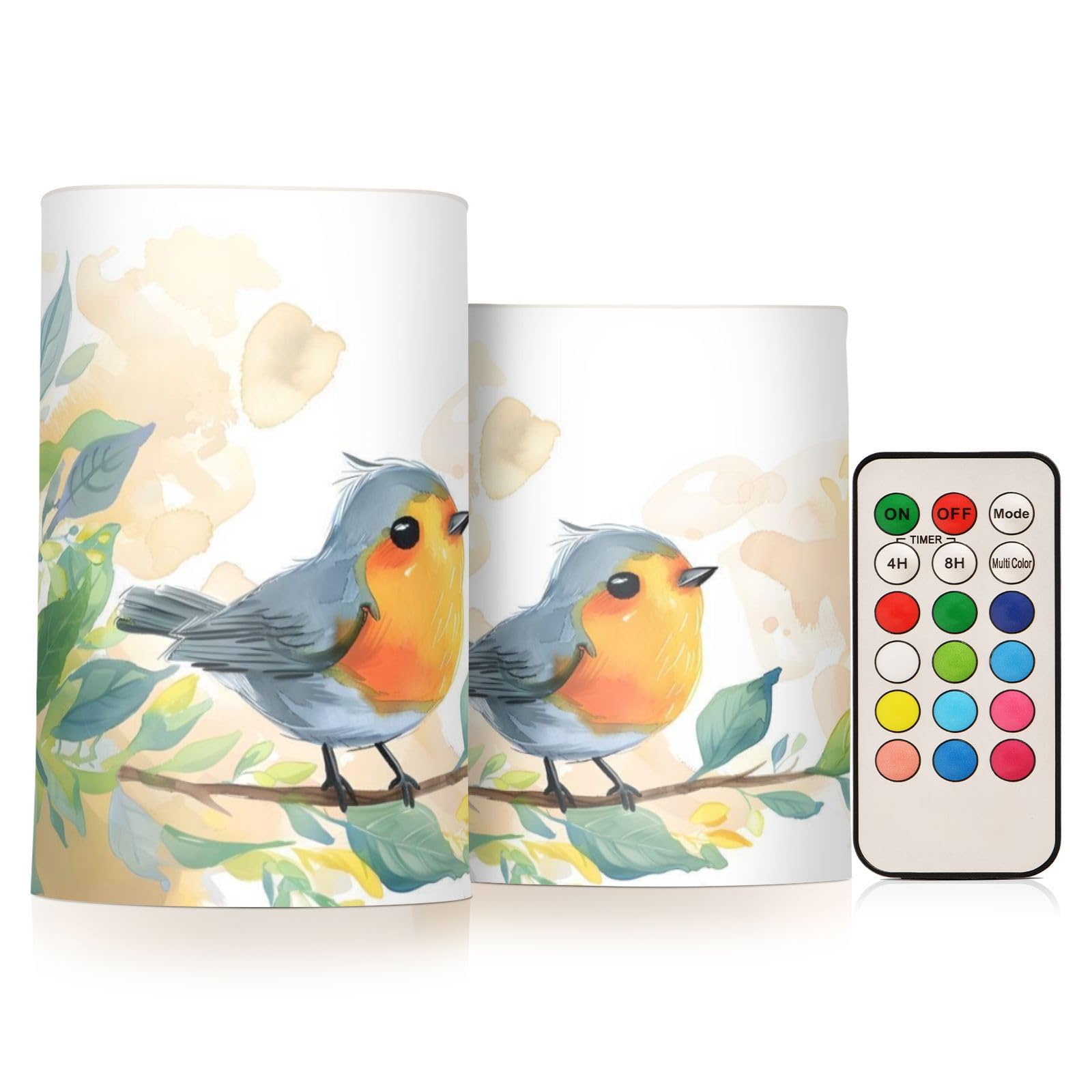 Mnsruu Flickering Flameless Candles Cute Robin Bird Scene LED Candles with Remote Timer Set of 2 Battery Operated Candle Home Decoration