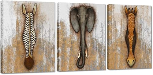 iHAPPYWALL 3 piezas de lienzo de animales africanos vintage, arte de pared, jirafa, cebra, elefante, vida silvestre, ilustraciones para dormitorio,