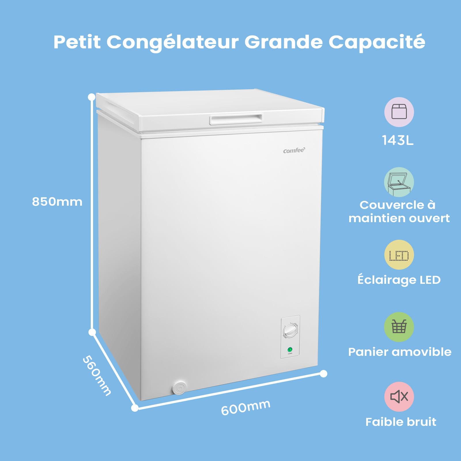 COMFEE' RCC146WH2EU(E) Congélateur coffre autonome 143L convertible congélateur/réfrigérateur, compresseur inverter, 4 étoiles, adapté aux dépendances, garages et abris, blanc [Classe énergétique E] - 3