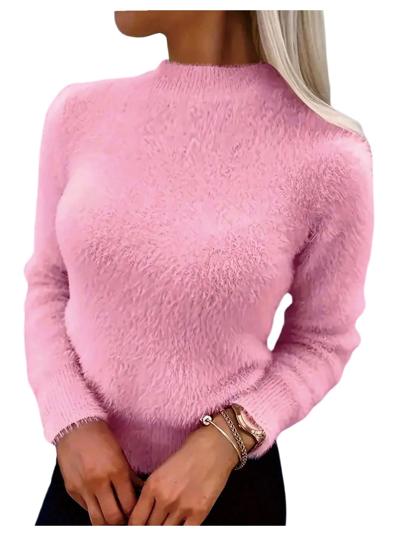 Floerns Womens Fuzzy Mohair Fall Sweater Long Sleeve Mock Neck Knit Cozy Pullover Jumper Tops