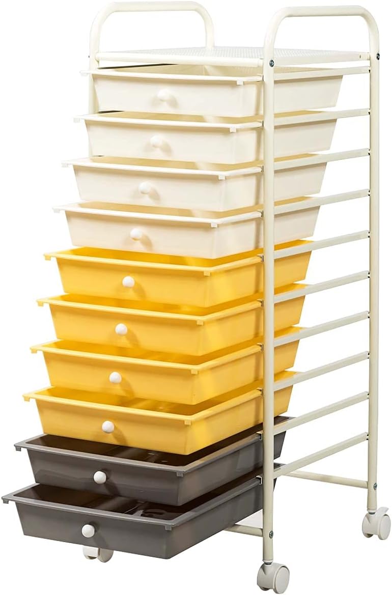 10 Drawer Rolling Storage Cart - 10-Tier Multicolor Trolley, Mobile File & Debris Storage Bin for Office, School, and Home - Versatile Solution