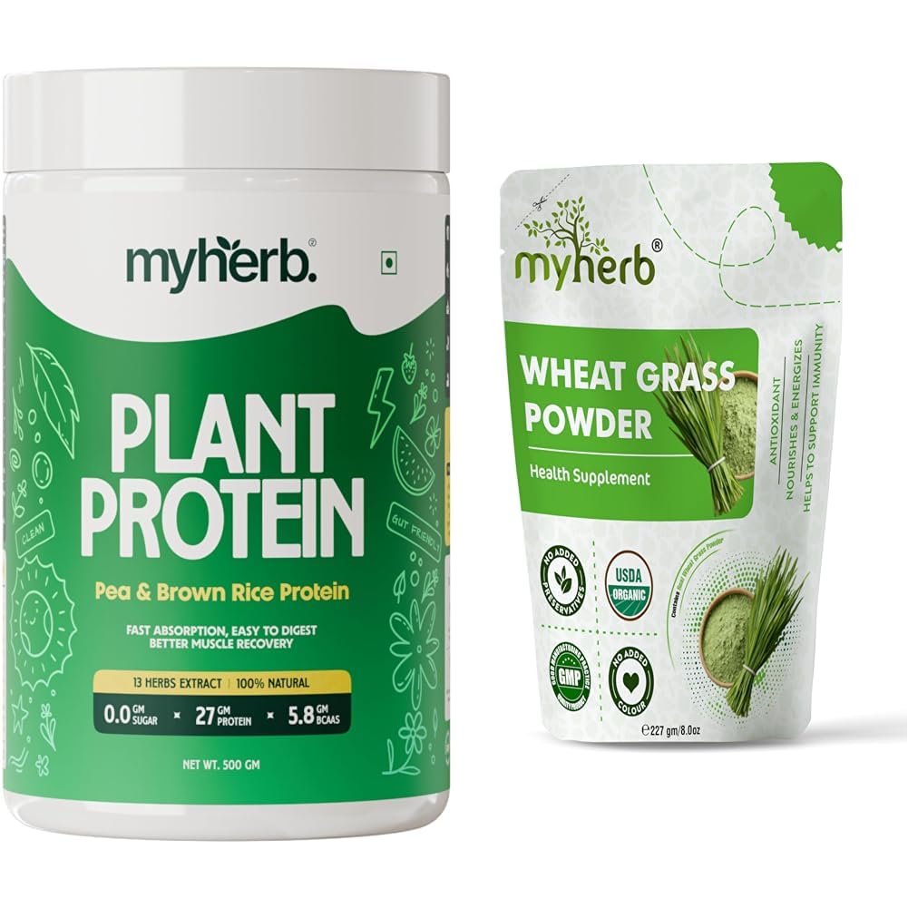MYHERB Plant Protein Powder | Pea And Brown Rice Protein Powder | Vegan High Protein Powder | 27 g | MYHERB 100% Natural Wheat Grass Powder || 227 Gm / 0.5 Lbs || For Men & Women-image-25