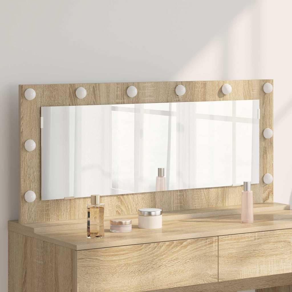 Specchio da bagno a LED ad angolo retto Sonoma, 100 x 45 x 18 cm, con illuminazione bianco caldo, vetro e legno, per interni