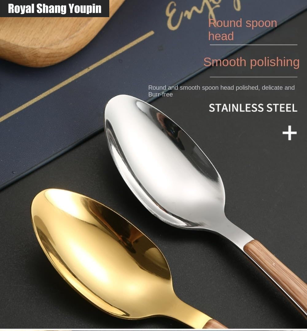 Legno Manico Piatto Cucina Acciaio Inox Argenteria Stoviglie Posate Coltelli Forchette Cucchiai Set Hotel Casa Bistecca Coltello Dessert Cucchiaio (Oro,16 pezzi)