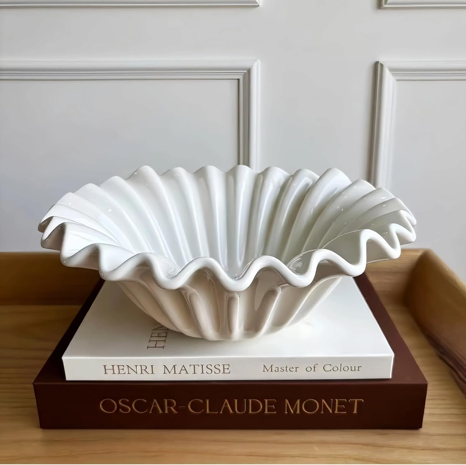 11" Scalloped Wavy Ruffle Decorative Bowl for Kitchen Counter and Table Centerpiece - Large White Fluted Aesthetic Bowl for Minimalist Entryway Console, Coffee Table (Creamy White, 11'')