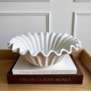 11" Scalloped Wavy Ruffle Decorative Bowl for Kitchen Counter and Table Centerpiece - Large White Fluted Aesthetic Bowl for Minimalist Entryway Console, Coffee Table Creamy White, 11