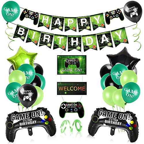 Aurasky Videospiel Luftballon Geburtstag Grün, Geburtstagsdeko Jungen, Videospiel Party Zubehör Set, Grün Game Controller Ballon, Happy Birthday Gaming Banner, Balloons für Game Theme Party (Grün) Cover