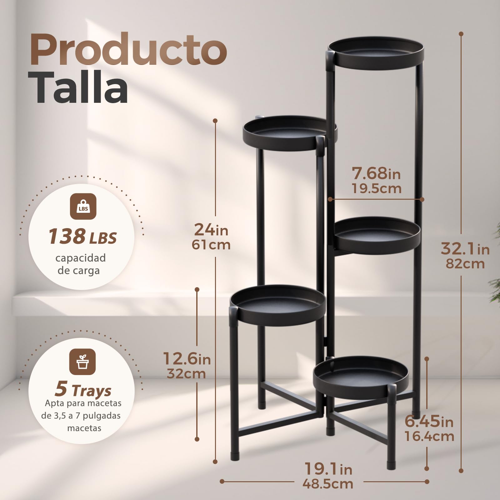 Bamworld Soporte Plantas Interior y Exterior de Metal Negro para Múltiples Plantas ,Estantería Metálica Plegable 5 Niveles para Jardín, Balcón, Patio | Estanterías Metálicas, Jardineras de Balcón