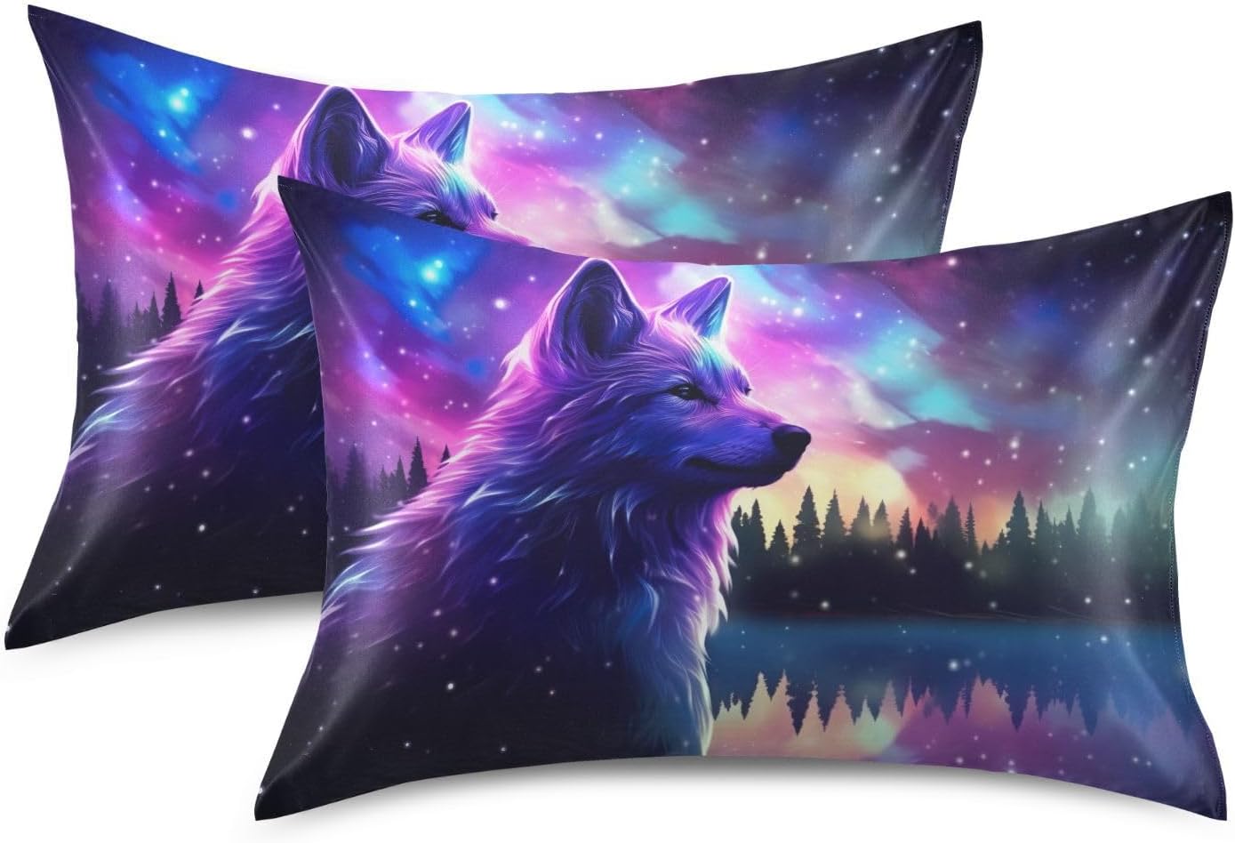 Stars Wolf Pillow Covers Silk Pillowcase for Hair and Skin Breathable Soft Satin Pillowcase Standard Size Pillow Case for Women Girls Boys Room, 20x26 Inch