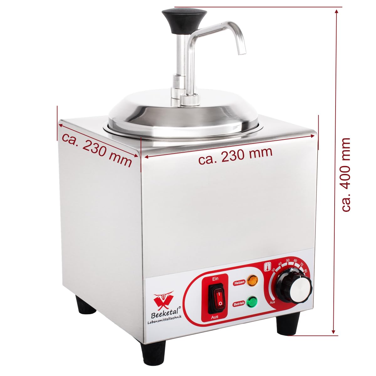 Beeketal Soßenspender ESP-1 aus Edelstahl | 1,8 Liter Saucenspender mit Pumpe | 600W Soßenwärmer für Gastronomie & Imbiss | Temperatur regelbar 30-110°C | Ideal für warme Soßen & Ketchup