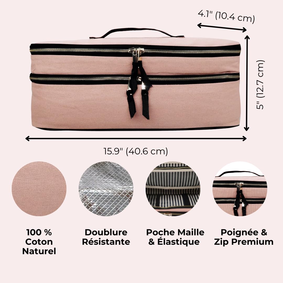 Bag-all Trousse Double pour Outils Cheveux | Étui Résistant à la Chaleur pour Lisseur & Fer à Boucler | Pochette Voyage pour Accessoires Cheveux | Housse Organisateur Femme | Rose Clair