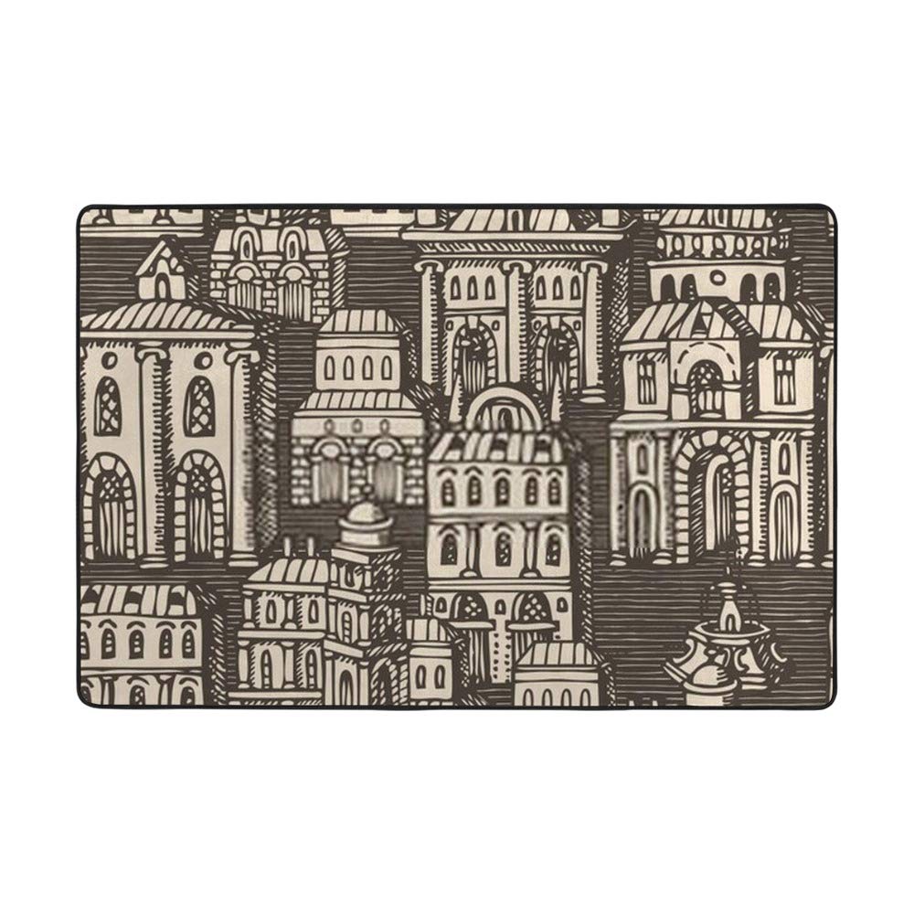 Tapis rétro salon paysage urbain velours corail pour coin lecture cosy