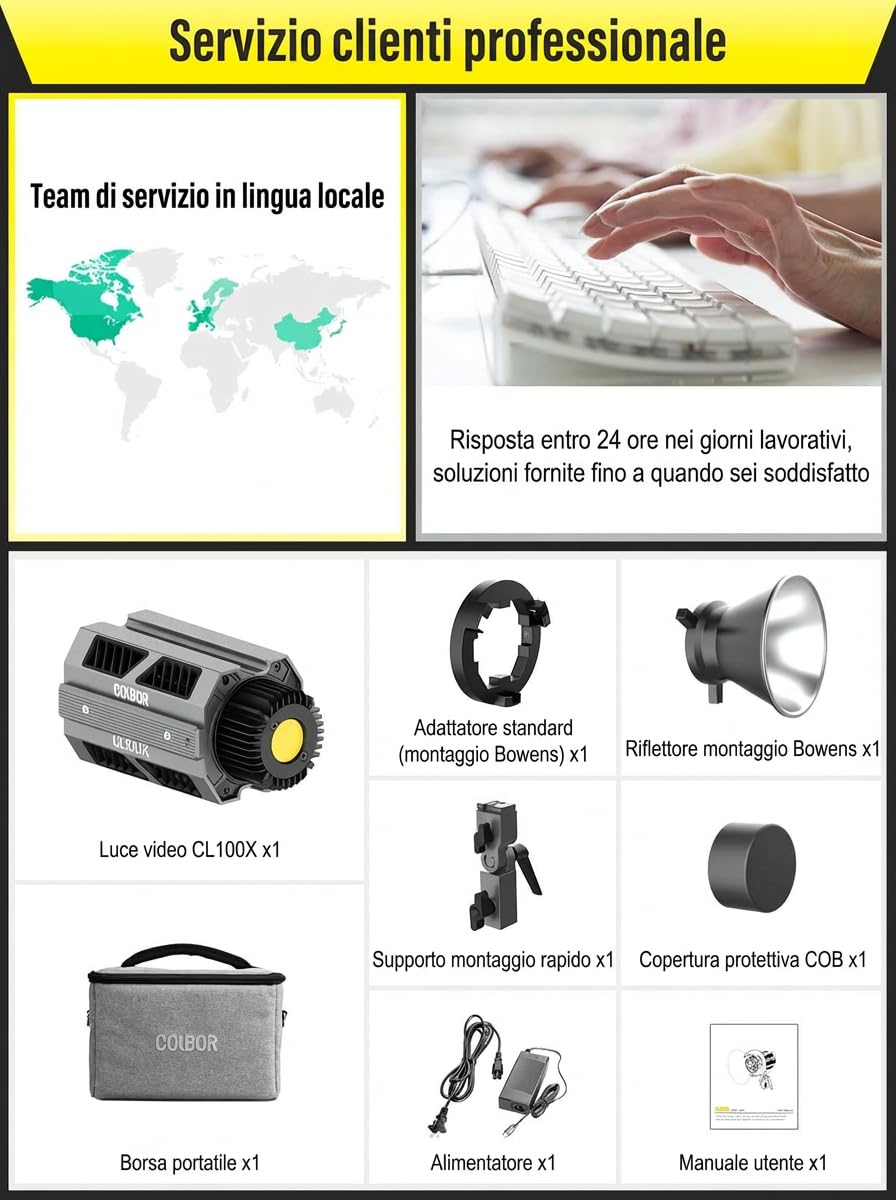 Luce Video, COLBOR CL100X 110W COB Video Light Bicolore 2700K-6500K Illuminazione Continua CRI97+ 10 Effetti di Luce Alluminio LED Lampada con APP Attacco Bowens, Luce-Video-Light-Studio-Monoluci