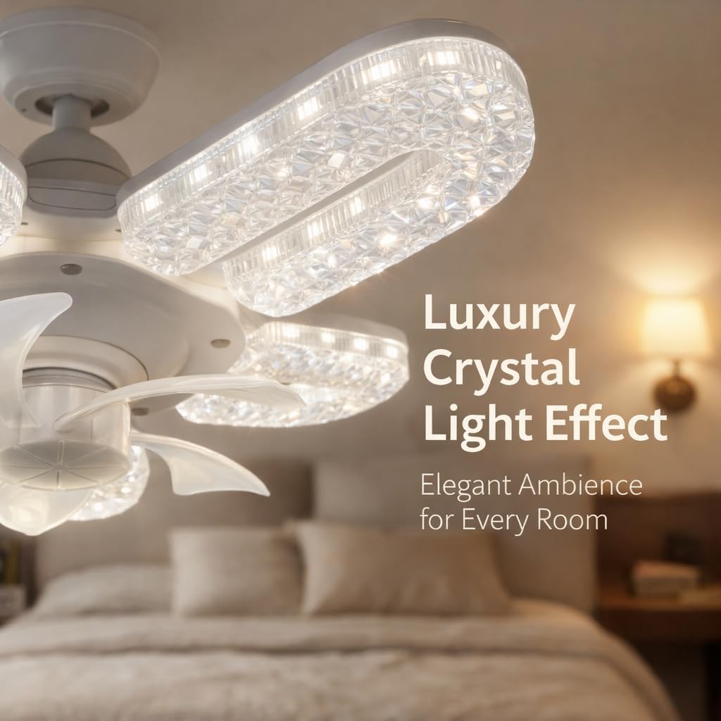 2026 Crystal-Effect LED 5-Blade LED Fan Light, 3-Color 12in Chandelier Ceiling Fan with Remote Control, Timing, 2-in-1 Small Ceiling Fan with Light, E27 Universal Screw Base, 3 Speed (2 Packs)