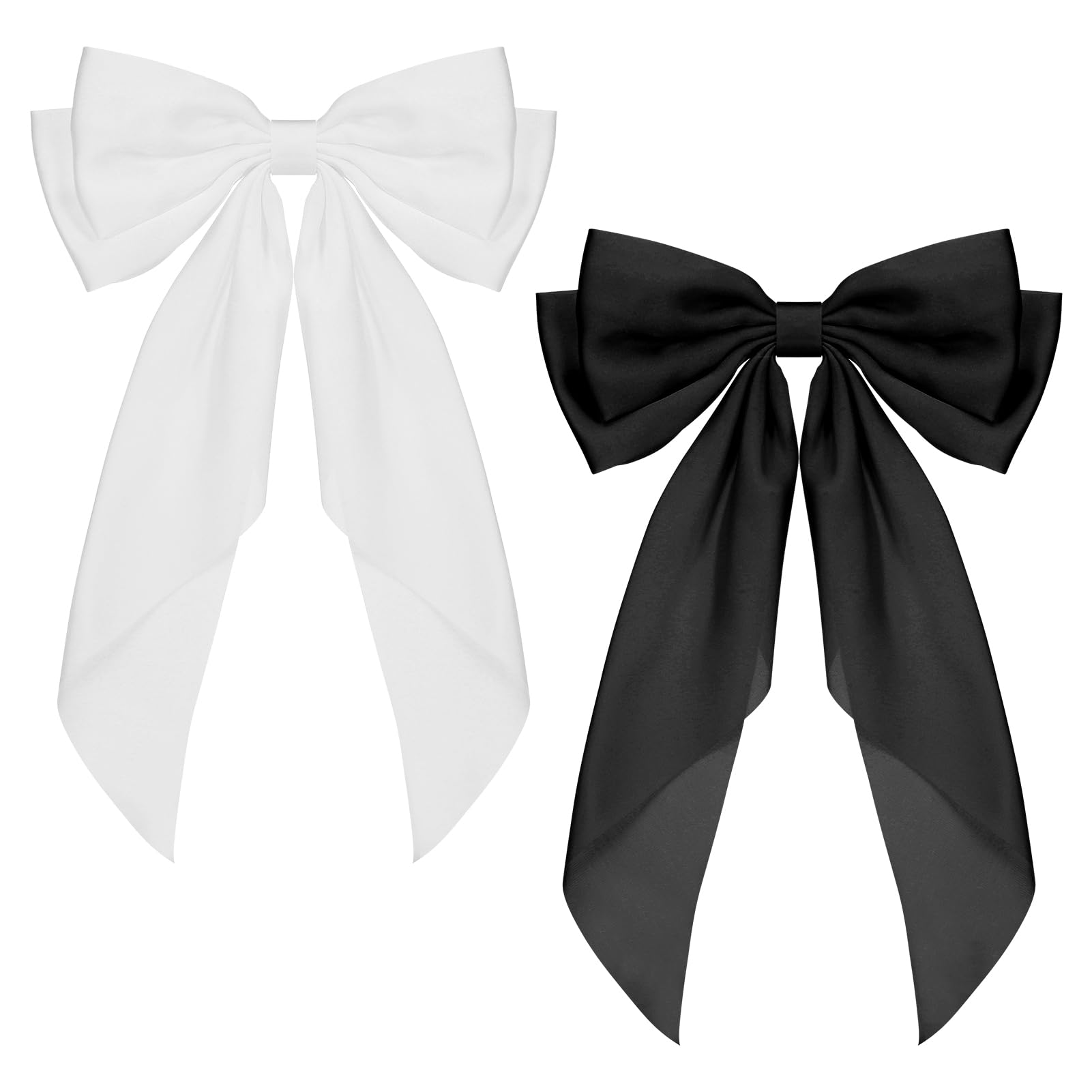 2 PCS Bow Hair Clips Solid Color Bow French Automatic Hair Clip with Long Silky Satin Tail Large Bows for Simple Women Girls Barrettes Hair Fastener Accessories(Black&White)