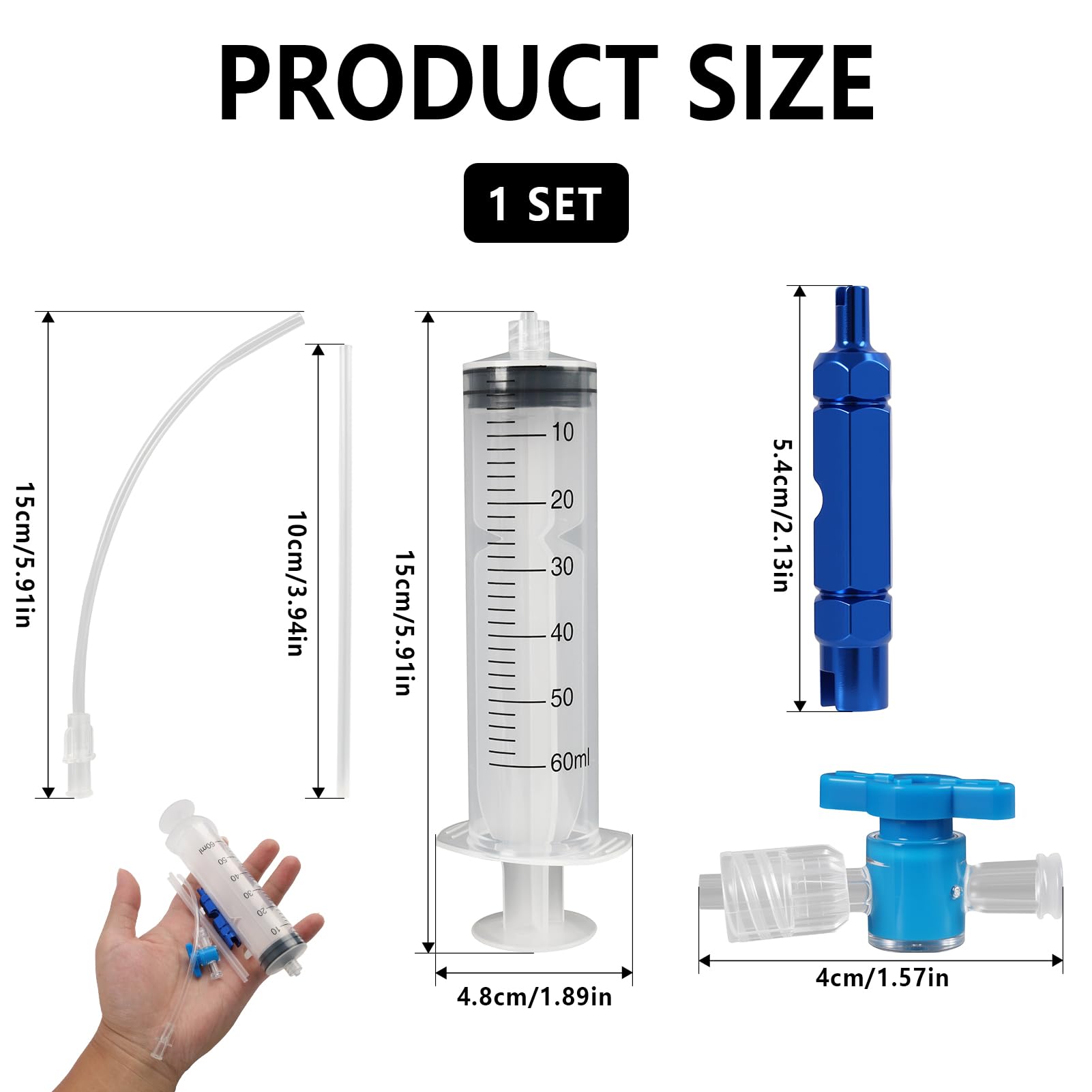 Zestaw do Naprawy Opon Tubeless na Rowery, Strzykawka 60ml z Narzędziem do Demontażu Ventila Presta, Wtryskiwacz Masy Uszczelniającej, Kompatybilny z Ventilami Schrader i Presta, do Kolarstwa