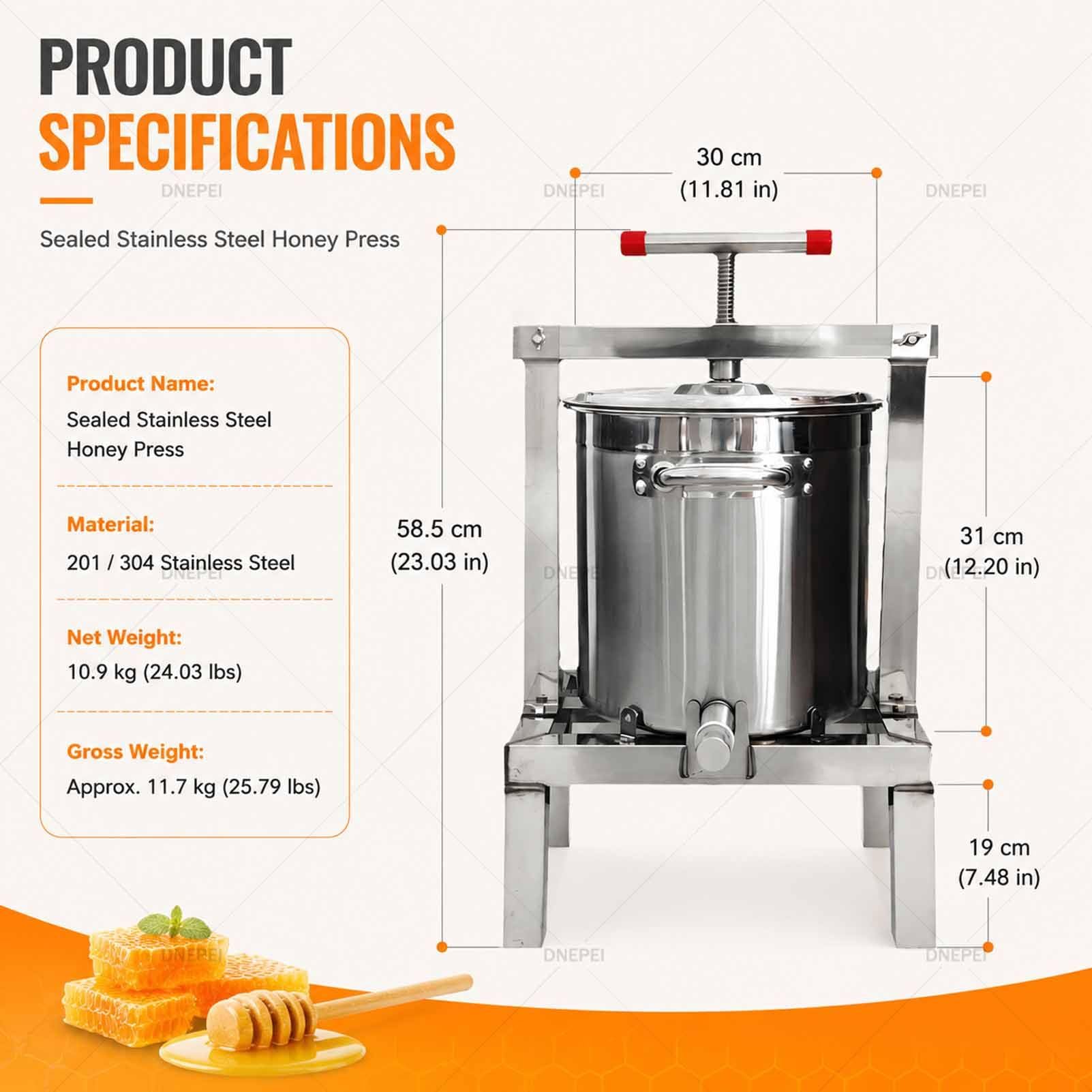 Extractor de Miel de Gran Capacidad (2,6 galones) – Fabricador de zumos Manual de Acero Inoxidable Apto para Uso alimentario con colador extraíble y Mango en Forma de T 201